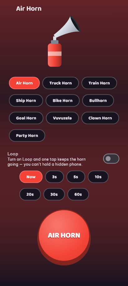 Air Horn screen: ten horn sounds to choose from, a loop switch, a delay picker and a large AIR HORN button