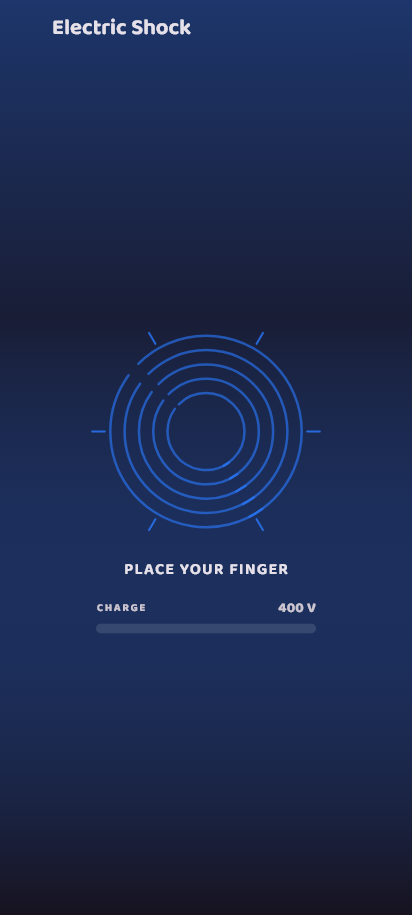 Electric Shock screen: concentric blue rings above a Place your finger prompt and a charge meter reading 400 volts