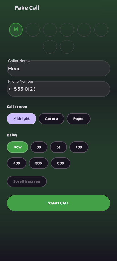 Fake Call screen: caller name and phone number fields, three call-screen skins, a delay picker and a START CALL button
