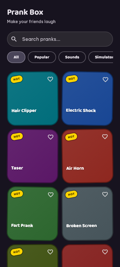 The Prank Box home screen: a search field, category chips, and a grid of prank tiles - Hair Clipper, Electric Shock, Taser, Air Horn, Fart Prank and Broken Screen, each marked HOT with a favourite heart