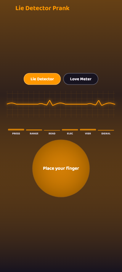 Lie Detector screen: a Lie Detector and Love Meter toggle, a scrolling heartbeat trace, sensor labels and a Place your finger pad