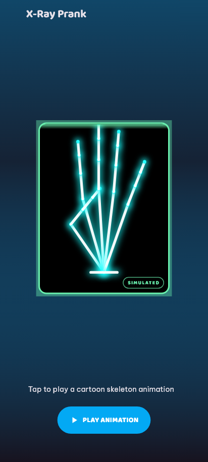 X-Ray screen: a neon skeleton hand animation stamped SIMULATED, above a Play animation button